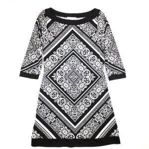 New White House Black Market Shift Dress Tunic 3/4 Slv Stretch Floral Geometric